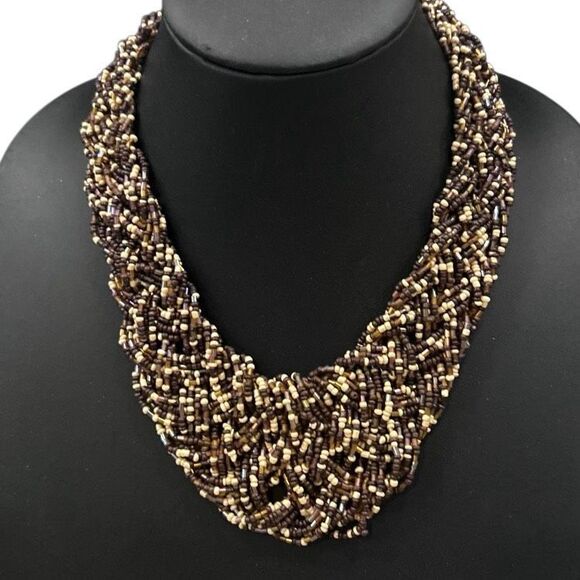 No Brand Jewelry - Vintage Woven Seed Bead Bib Necklace 16.5" Brown Beige Multi Inter-woven Strands